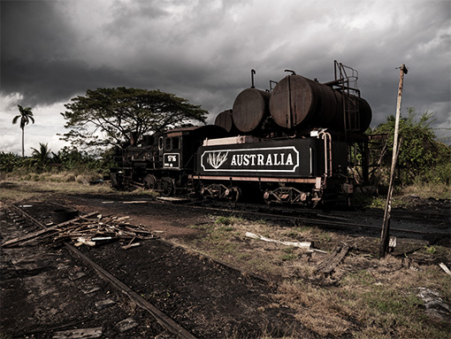 Fotobearbeitung: stehende Dampflok vor einem Zuckerrohrfeld